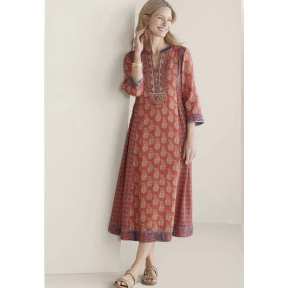 Soft Surroundings Phoenix Bohemian Midi Embroidered Beaded Dress Red Size Medium